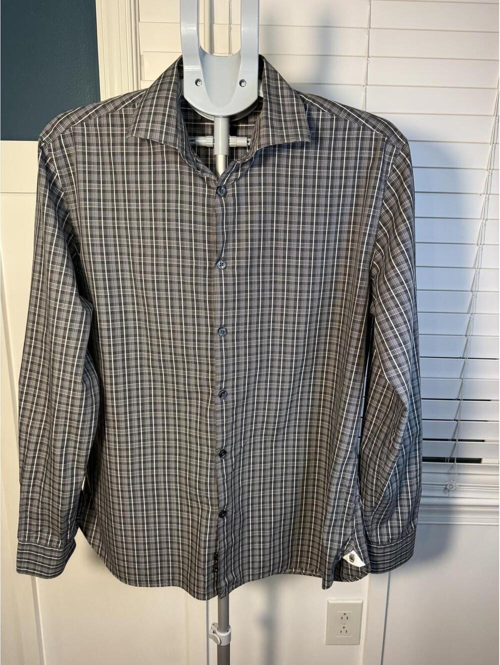 John Varvatos USA Slim Fit Shirt Mens 16 34/35 Grey Plaid Peace Sign Logo Gusset